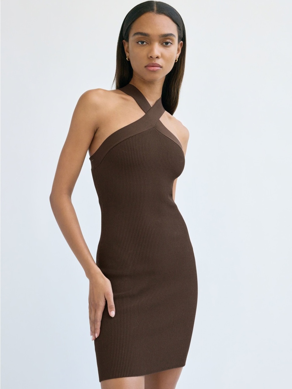 Aritzia Babaton Sculpt Knit Cross Mini Dress Coffee Bean Size M NWT